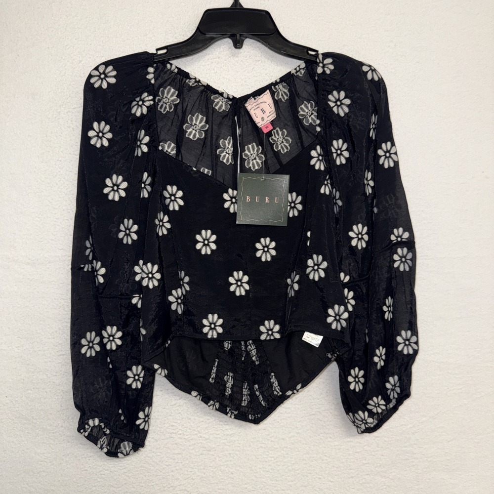 Buru Balloon Sleeve Bustier Cropped Floral Top Sz XL Black White NEW $128 Boho